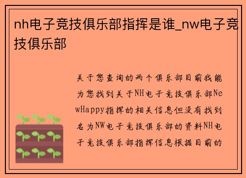 nh电子竞技俱乐部指挥是谁_nw电子竞技俱乐部